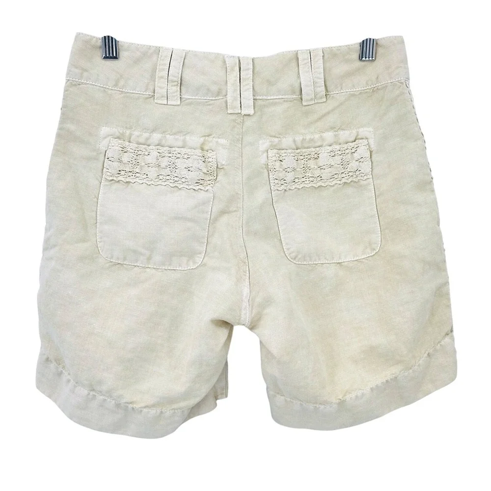 SUNDANCE Linen Blend Shorts Sandy‎ Beige Crochet Lace Trim 6